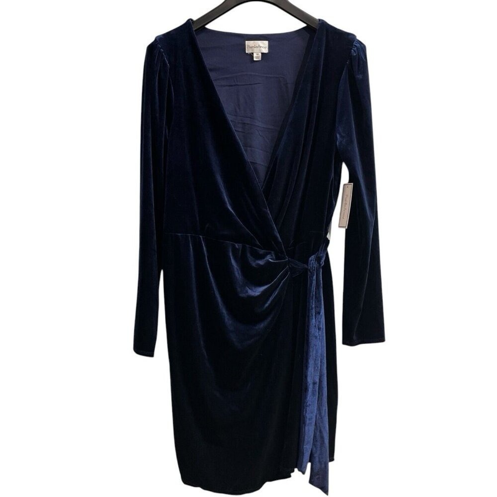 Premier Amour Dress Women 16 Blue Velvet Wrap Midi Puff Sleeve Event Party
